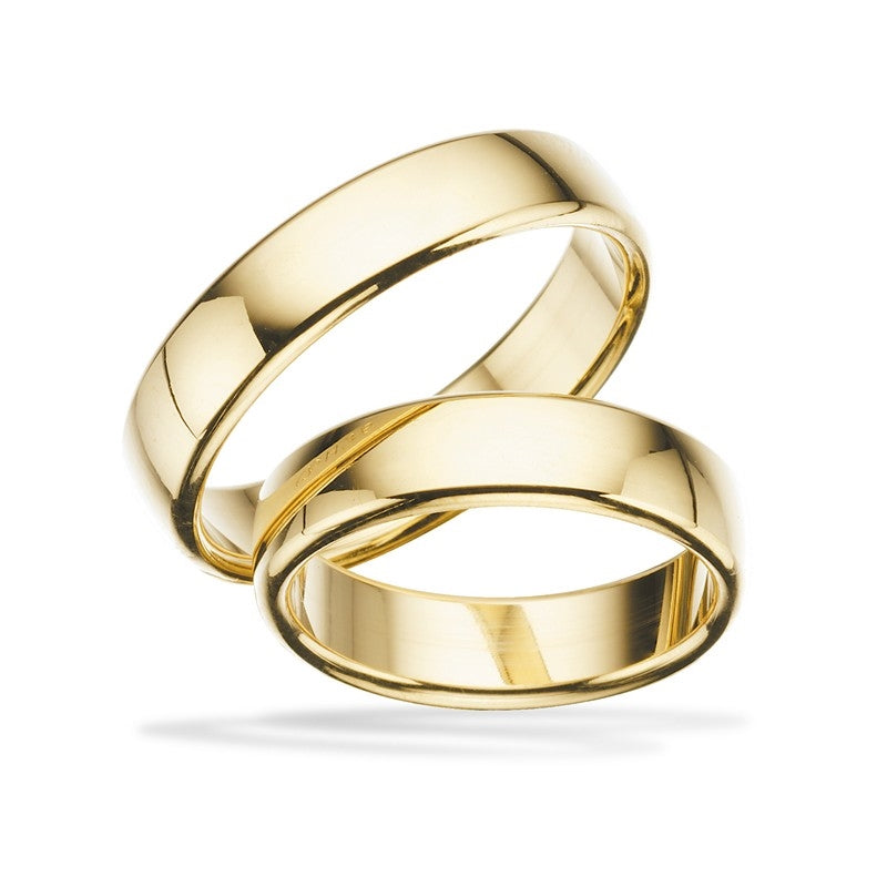 Scrouples vielsesringe i 8 eller 14 karat guld fra H-serien med blank overflade og 5 mm bredde.